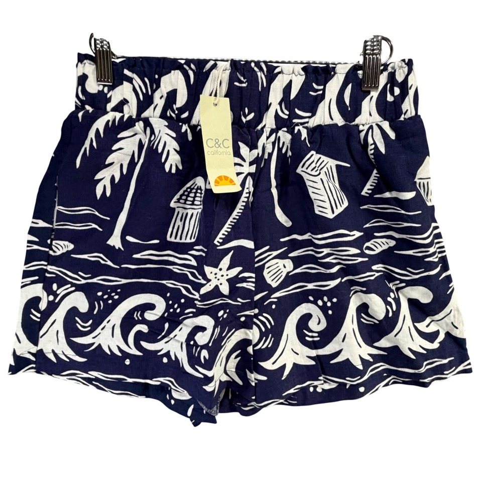 C&C California Linen Blend Shorts Womens M Blue Palm Tree Coastal Beachy Boho